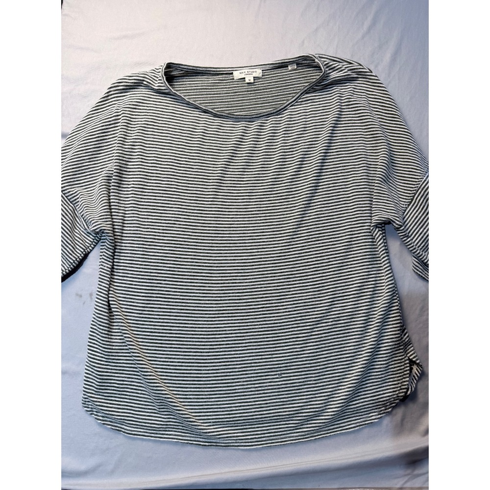 Max Studio London Striped Boat Neck Top Black White Rayon Linen‎ Blend  M